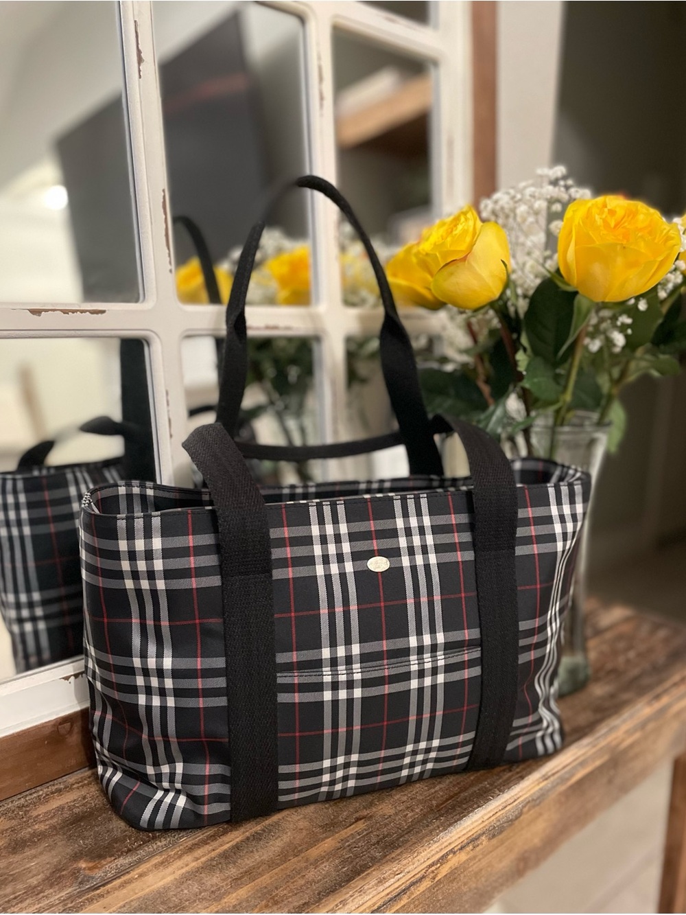 Authentic Burberry Classic Black Plaid Tote Bag